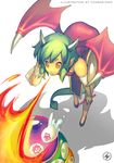  china_dress chinese_clothes draco_centauros dragon_girl dragon_horns dragon_tail dragon_wings dress elbow_gloves fire gloves green_hair horns juuden madou_monogatari monster_girl pointy_ears puyo_(puyopuyo) puyopuyo red_wings short_hair solo tail tears wings yellow_eyes 