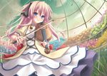  blue_eyes dress greenhouse hair_ribbon instrument long_hair petals pink_hair quiz_magic_academy ribbon ryo shalon solo violin 