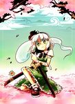  artist_name black_hairband cherry_blossoms faux_traditional_media frown ghost green_eyes hairband hitodama katana kneeling konpaku_youmu konpaku_youmu_(ghost) nightea petals sheath sheathed short_hair silver_hair solo sword touhou weapon 