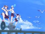  balancing bird camera cloud condensation_trail day foaming_at_the_mouth giving_up_the_ghost glasses halo holding_hands lain long_hair multiple_girls original scared school_uniform seagull short_hair sky turn_pale wings 
