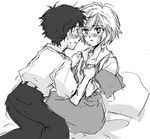  1girl ayanami_rei blush greyscale holding_hands ikari_shinji messy_hair monochrome neon_genesis_evangelion non-web_source pillow school_uniform short_hair sketch undressing 