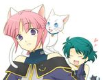  animal_ears aya_kobayashi bare_shoulders bell bell_collar blue_eyes blush cat cat_ears closed_eyes collar earrings green_hair heart jewelry kuro_(srw) mai_kobayashi mizuki_kaya multiple_girls open_mouth pink_hair purple_eyes shiro_(srw) short_hair super_robot_wars uniform 