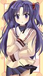  bad_id bad_pixiv_id chocho_(homelessfox) clannad flower hair_bobbles hair_ornament hikarizaka_private_high_school_uniform ichinose_kotomi long_hair purple_hair school_uniform solo two_side_up 