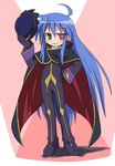  :3 ahoge blue_hair cape code_geass cosplay geass green_eyes helmet izumi_konata lelouch_lamperouge lelouch_lamperouge_(cosplay) long_hair lucky_star mole mole_under_eye non-web_source solo very_long_hair zero_(code_geass) zero_(code_geass)_(cosplay) 