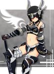  arm_behind_back armor azurai_(lucent_heart) bare_shoulders bikini_armor black_gloves black_hair black_legwear bracer breastplate breasts crop_top crost fantasy faulds gem gloves greaves grey_background halterneck hand_on_hilt helm helmet holding holding_weapon jewelry looking_at_viewer lucent_heart midriff miniskirt navel neck_ring o-ring o-ring_top outstretched_arm red_eyes shadow short_hair side_slit simple_background sitting skirt small_breasts solo sword thighhighs vambraces weapon winged_helmet zettai_ryouiki 