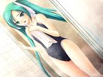  bathroom black_school_swimsuit competition_school_swimsuit frosted_glass game_cg green_eyes green_hair ichikawa_noa inraku_no_ketsuzoku kiryuu_hinaki long_hair non-web_source one-piece_swimsuit school_swimsuit showering solo steam swimsuit towel twintails wet 