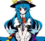  bad_id bad_pixiv_id blue_hair food fruit hat hinanawi_tenshi kabayaki_unagi long_hair peach red_eyes ribbon smile solo touhou 