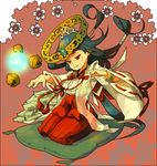  bad_id bad_pixiv_id bangle bell black_hair bracelet closed_mouth cushion flat_chest floating floating_object floral_background glowing hair_tubes hakama half-closed_eyes halo japanese_clothes jewelry jingle_bell long_hair long_sleeves magic miko money nessie_(kska) orb outstretched_hand ptc red_background red_eyes red_hakama ribbon-trimmed_sleeves ribbon_trim see-through seiza sitting smile solo tassel tiara very_long_hair wide_sleeves 