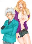  1girl bleach breasts casual cleavage gekkousha hitsugaya_toushirou large_breasts long_hair matsumoto_rangiku mole mole_under_mouth orange_hair white_hair 