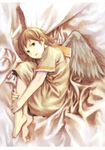  abe_yoshitoshi angel_wings artbook brown_eyes brown_hair fetal_position full_body haibane_renmei halo highres messy_hair orange_sailor_collar plantar_flexion rakka sailor_collar short_hair solo wings 