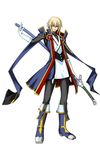  blazblue blazblue:_calamity_trigger blonde_hair blue_footwear bodysuit boots frown full_body gloves green_eyes huge_weapon jacket jin_kisaragi knee_boots male_focus mori_toshimichi official_art open_clothes open_jacket ribbon sheath simple_background solo standing sword turtleneck weapon yukianesa 