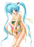  artist_request ball beachball bikini blue_eyes blue_hair copyright_request hair_ornament hairclip long_hair lowres non-web_source pointy_ears solo swimsuit twintails 