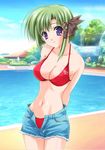  bikini breasts cleavage day denim denim_shorts green_hair jpeg_artifacts large_breasts navel open_clothes open_shorts outdoors pool poolside purple_eyes shigure_asa short_hair shorts shuffle! solo swimsuit third-party_edit 