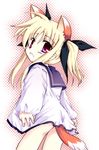  animal_ears blonde_hair bow child cowboy_shot fate_testarossa fox_ears fox_tail hair_bow halftone halftone_background looking_at_viewer lyrical_nanoha mahou_shoujo_lyrical_nanoha open_mouth purple_eyes school_uniform seishou_elementary_school_uniform serafuku sidelocks simple_background solo standing tail twintails white_background 