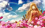  bad_id bad_pixiv_id bare_shoulders blonde_hair blurry closed_eyes cloud cosmos_(flower) day depth_of_field dress field flower flower_field long_hair moon orange_hair original rainbow scarecrow siro sky smile solo sundress 