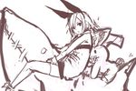  animal_ears bare_shoulders bunny_ears disgaea dress hair_over_one_eye monochrome original panties_(pantsu-pirate) pleinair riding same-san short_dress short_hair solo stuffed_animal stuffed_shark stuffed_toy thighhighs usagi-san very_short_hair 