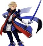  blazblue blonde_hair blue_footwear boots drawr gloves green_eyes jin_kisaragi katana male_focus oh_1234 sheath sheathed sidelocks solo sword weapon yukianesa 