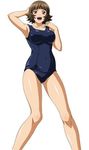  1girl breasts brown_hair chouhi_ekitoku ikkitousen large_breasts official_art open_mouth red_eyes short_hair smile standing swimsuit 