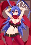  antenna_hair belt bikini_top black_gloves blue_hair breasts disgaea disgaea_d2 fingerless_gloves gloves highres john_(nakoto) laharl laharl-chan large_breasts long_hair pants red_eyes smile solo 