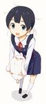  bird black_hair blue_eyes blush dera_mochimazzui food full_body hair_ornament highres kitashirakawa_tamako long_hair low_twintails nagian open_mouth school_uniform smile solo tamako_market twintails wagashi 