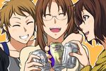  alcohol beer blonde_hair brown_eyes brown_hair can closed_eyes glasses grin k-on! kawaguchi_norimi kawakami_(k-on!) long_hair multiple_girls short_hair smile tyotyotyori yamanaka_sawako 