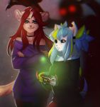 2018 5_fingers anthro blue_hair clothed clothing digital_media_(artwork) duo female hair holding_object mammal mouse nitricacid purple_eyes red_hair rodent standing 