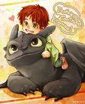  child claws dragon feral green_eyes grey_scales hair how_to_train_your_dragon human male mammal night_fury red_hair riding scalie smile toothless wings yellow_sclera young 