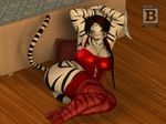  anthro bed blx24 breasts brown_hair butt chubby cleavage clothed clothing corset feline female green_eyes hair legwear mammal stockings tiger 