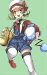  1girl artist_request bag blush hat highres hogi kotone_(pokemon) marill nintendo overalls pokemon pokemon_(game) pokemon_hgss ribbon short_twintails simple_background smile solo thighhighs twintails 