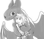  dragon eye_contact feral greyscale hiccup_(httyd) how_to_train_your_dragon hug human male mammal monochrome night_fury scalie size_difference smile toothless wings 
