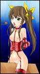  1girl bdsm bondage bound breasts brown_hair chopsticks collar corset cyber_(cyber_knight) elbow_gloves food gloves green_eyes huang_lingyin infinite_stratos long_hair nipples open_mouth pussy pussy_juice solo tears thighhighs tongue tongue_out twintails uncensored wooden_horse 