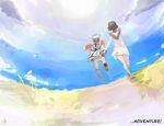  1girl barefoot brown_hair faux_traditional_media from_behind highres holding_hands horns ico ico_(character) kenno_arkkan running short_hair silver_hair tabard yorda 
