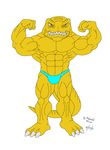  anthro biceps bodybuilder bulge claws clothed clothing dinosaur extreme_dinosaurs fangs flexing half-dressed male maxime-jeanne muscles pecs pose reg92 reptile scales scalie solo speedo standing swimsuit t-bone_(extreme_dinosaurs) theropod toe_claws toned topless tyrannosaurus_rex tyranosaurus_rex yellow_skin 