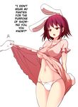  1girl :o adult animal_ears assisted_exposure blush breasts bunny_ears bunny_tail carrot dress dress_lift extra_ears female hard_translated inaba_tewi ippongui jewelry jitome large_breasts midriff mound_of_venus navel necklace no_bra older panties pendant purple_hair red_eyes short_hair simple_background skirt skirt_lift solo_focus tail touhou translated truth underboob underwear upskirt white_background white_panties 