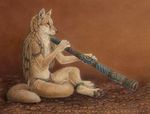  amber_eyes canine dark_natasha didgeridoo dingo fur hair jewelry long_hair male mammal mixed_media sitting solo tan_fur tribal 
