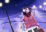  art_jam bag black_hair blue_eyes blush coat gloves long_hair night night_sky open_mouth original pantyhose ship shopping_bag short_hair sky snow solo watercraft 