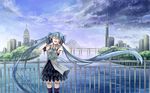  blue_hair bridge cityscape closed_eyes cloud dress floating_hair gloves hatsune_miku long_hair nasuko necktie open_mouth sky solo thighhighs twintails very_long_hair vocaloid water 