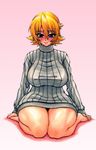  blonde_hair blue_eyes blush breasts curvy dress full_body highres huge_breasts igawa_sakura short_hair smile solo sweater sweater_dress taimanin_(series) taimanin_asagi thick_thighs thighs turtleneck wide_hips wrato 