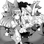  bad_id bad_pixiv_id bow braid dress face-to-face greyscale hair_bow hakurei_reimu happy hat highres kirisame_marisa monochrome multiple_girls open_mouth ribbon roh_nam_kyung smile star touhou 