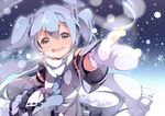  blue_hair detached_sleeves hatsune_miku long_hair mittens necktie open_mouth outstretched_arm scarf solo twintails u35 vocaloid white_scarf yuki_miku 
