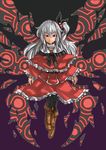  belt black_legwear boots capelet full_body graphite_(medium) highres long_hair mixed_media multiple_wings numa_(minus_4k) pantyhose pullover purple_background red_capelet red_eyes shinki side_ponytail silver_hair solo touhou touhou_(pc-98) traditional_media turtleneck wings 