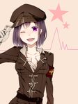  breasts d.gray-man hat lenalee_lee maki_(lovyu) medium_breasts one_eye_closed open_mouth peaked_cap purple_eyes short_hair smile solo 