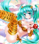  animal_print artist_name at_classics breasts denden_daiko detached_sleeves green_eyes green_hair hatsune_miku headset horns large_breasts legs_up long_hair marker_(medium) navel rattle_drum sample solo thighhighs thighs tiger_print traditional_media twintails very_long_hair vocaloid 