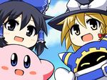  ^_^ alternate_color blonde_hair blue_eyes blue_hair blush_stickers bow closed_eyes crossover hair_bow hair_tubes hakurei_reimu hat kirby kirby_(series) kirisame_marisa magolor mochizuki_ado multiple_girls open_mouth player_2 smile touhou yellow_eyes yukkuri_shiteitte_ne 