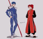  2boys arms_behind_back asaya_minoru black_footwear blue_bodysuit blue_hair bodysuit chinese_clothes fate/grand_order fate/stay_night fate_(series) grey_background hand_on_hip lance lancer li_shuwen_(fate) li_shuwen_(fate/grand_order) long_hair low_ponytail male_focus multiple_boys parted_lips polearm ponytail red_hair shoes smile standing twitter_username very_long_hair weapon 