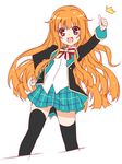  1girl :3 :d amatsuka_mao black_legwear cropped_legs fang gj-bu hair_flaps long_hair mizuki_makoto open_mouth orange_eyes orange_hair plaid plaid_skirt school_uniform skirt smile solo thighhighs thumbs_up v-shaped_eyebrows zettai_ryouiki 