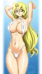  armpits arms_up blonde_hair breasts cameltoe graf_zeppelin highres huge_breasts long_hair looking_at_viewer michelle_cheung navel r.o.d_the_tv read_or_die simple_background sling_bikini solo standing sweat swimsuit ta152_(graf_zeppelin) yellow_eyes 
