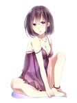  anklet barefoot breasts cleavage d.gray-man full_body jewelry lenalee_lee maki_(lovyu) medium_breasts purple_eyes purple_hair short_hair simple_background sitting solo strap_slip white_background 