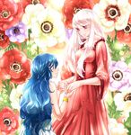  armlet bad_id bad_pixiv_id blue_eyes blue_hair blush bracelet dress eyebrows_visible_through_hair flower hands_together holding_hands jewelry long_hair looking_at_another multiple_girls mutou_mato open_mouth original red_dress red_eyes silver_hair smile very_long_hair white_dress 