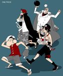  4boys amputee blue_background brother brothers copyright_name eating family food grandfather hand_on_hat hand_on_headwear hat igarashi_(wp13) jewelry male male_focus meat monkey_d_garp monkey_d_luffy multiple_boys necklace one_piece portgas_d_ace red_vest rubber running saber_(weapon) sandals scar shanks sheath sheathed_sword shueisha siblings stampede_string straw_hat stretch sword tattoo thigh_strap title_drop vest weapon 